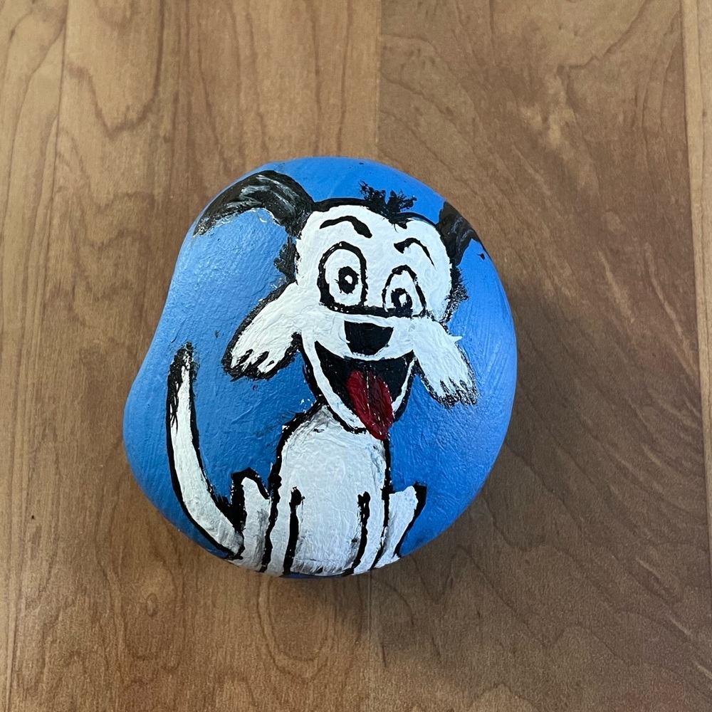 Hand Painted Rock Art (Black/ White Dog)..... Cartoon 2”.5x2”.5